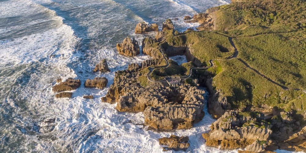 Aerial view of Pancake Rocks & Blowholes